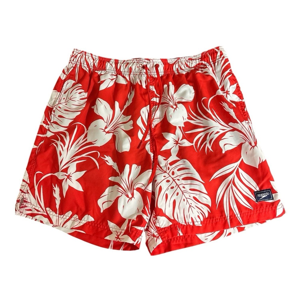 Speedo Mens Red Hawaiian Floral Swim Trunks Board Shorts UPF 50+ Size Large